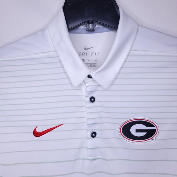 Nike Polo Shirt Mens Medium White Striped Dri Fit Georgia Bulldogs Swoosh - Picture 1 of 11